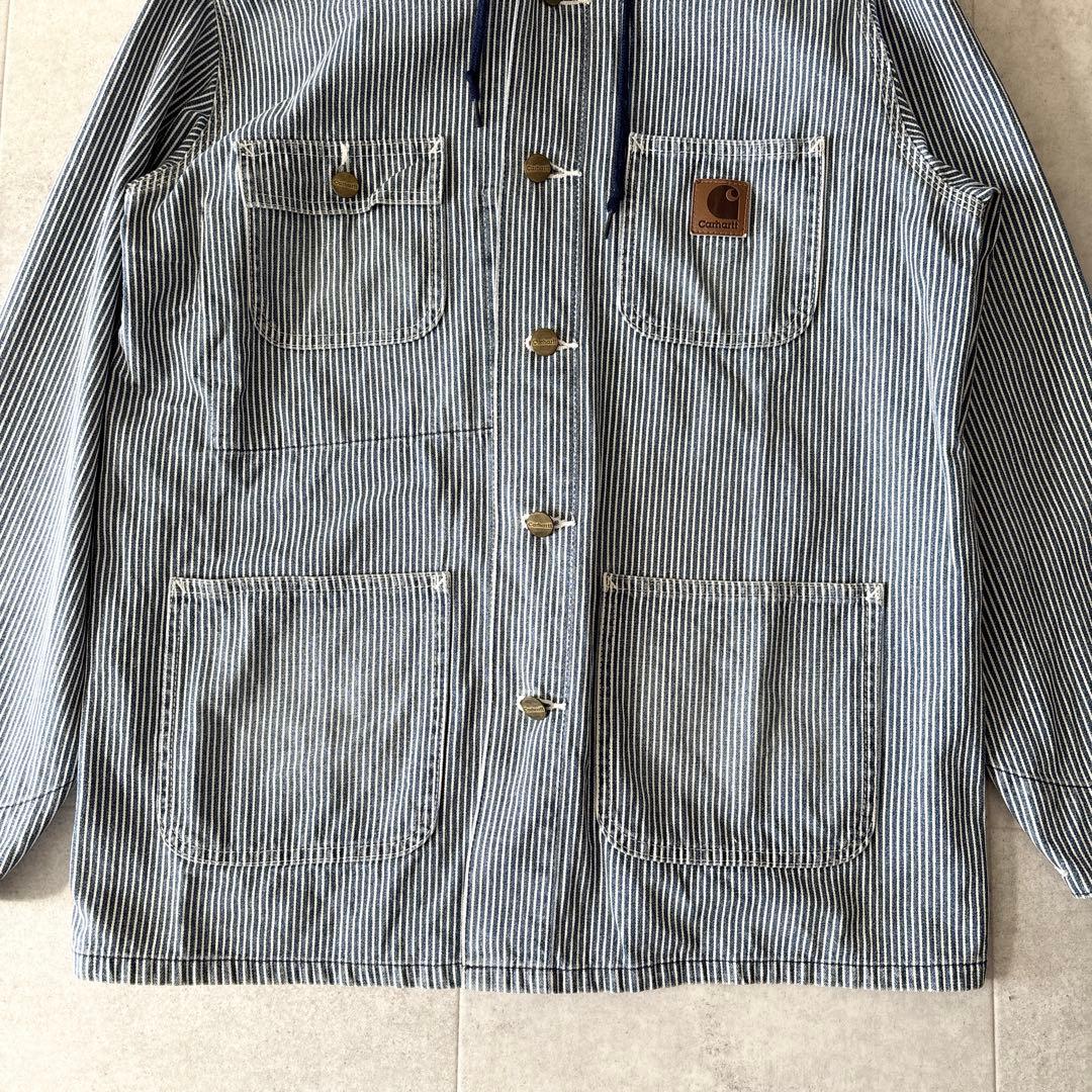 希少✨️カーハート ヒッコリーストライプ フーデッドワークジャケット M ブルー