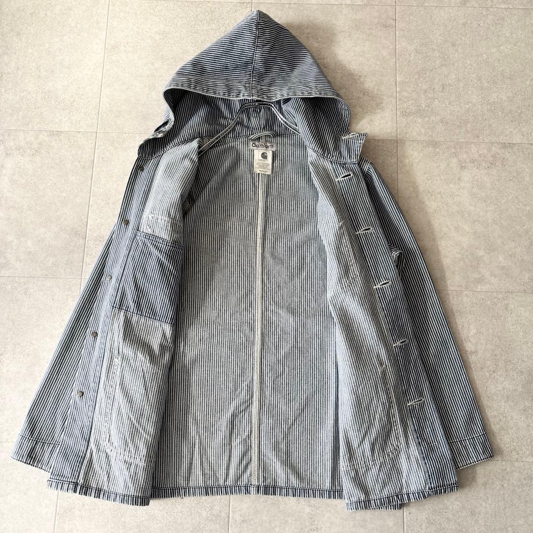 希少✨️カーハート ヒッコリーストライプ フーデッドワークジャケット M ブルー