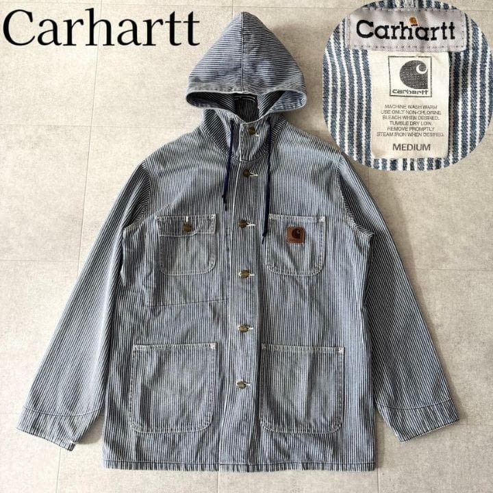 希少✨️カーハート ヒッコリーストライプ フーデッドワークジャケット M ブルー