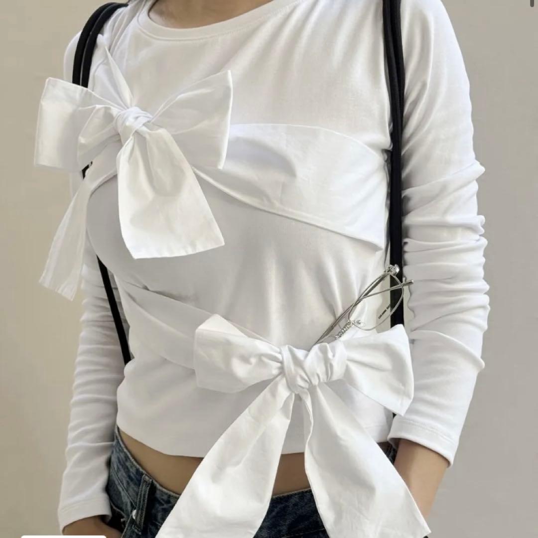 CRANK ダブルリボン長袖トップス ホワイト