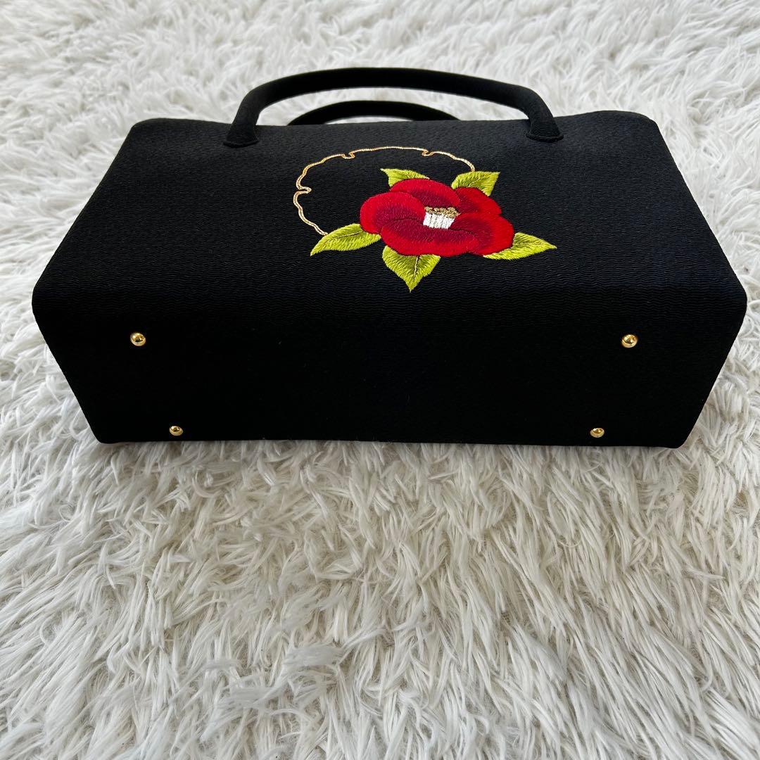 タグ付き 正絹 刺繍 お茶席用 ボストンバッグ 和装 黒 日本製