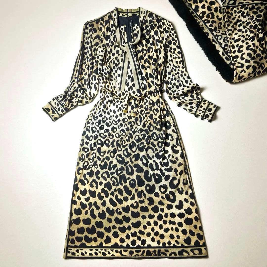レオナール　ロングワンピース　大判ストール付き　豹柄　シルク混　ボウタイ　ベルト
