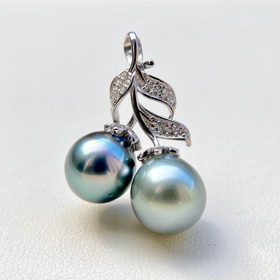 本真珠南洋黒蝶真珠グレーとブルー10㍉s925ペンダントBEN906