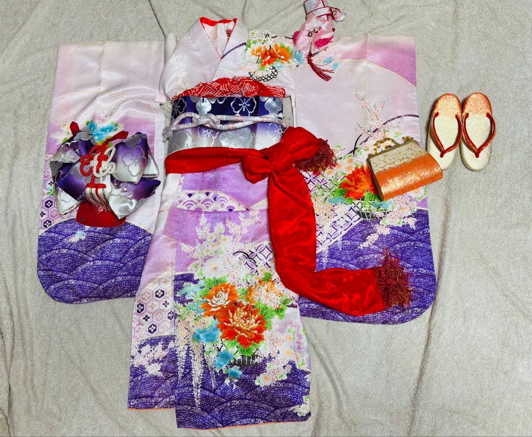 七五三 着物セット 紫と淡い桜色（ピンク）7歳