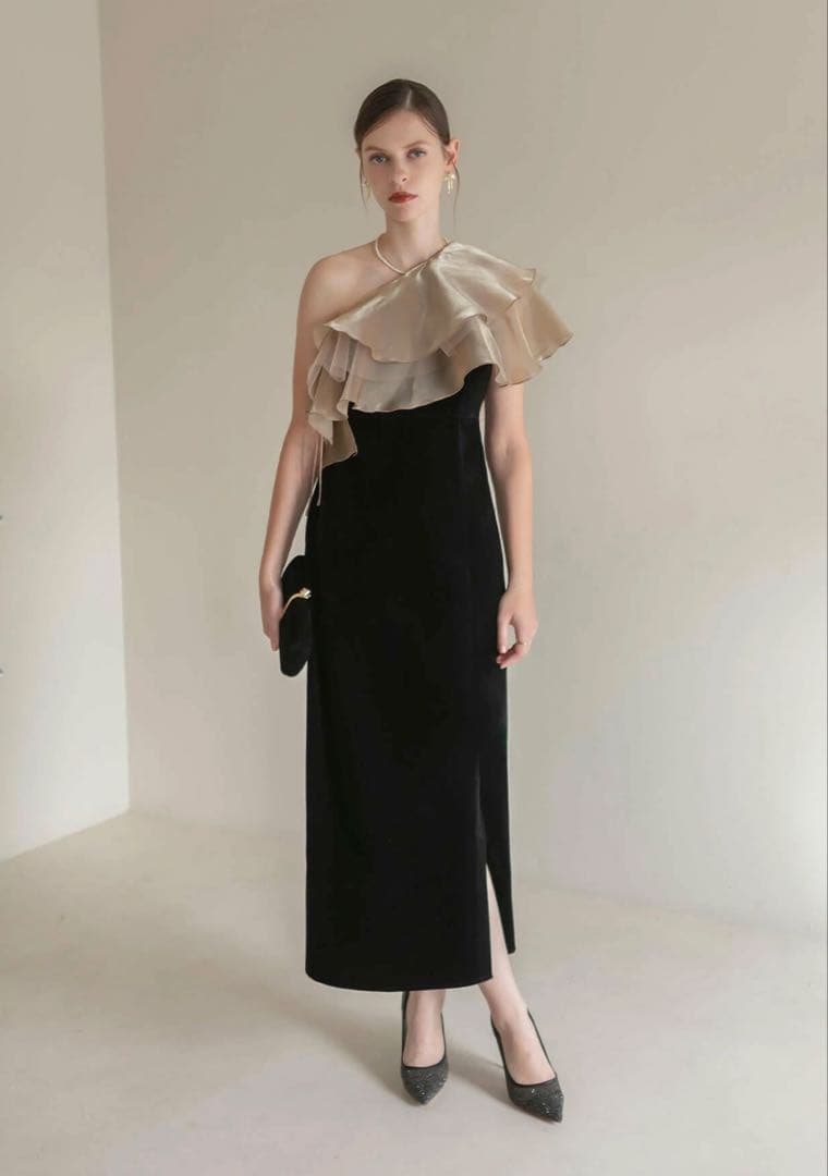 【ぽっちゃま】アシンメトリーティアードフリル3WAYベロアIラインドレス