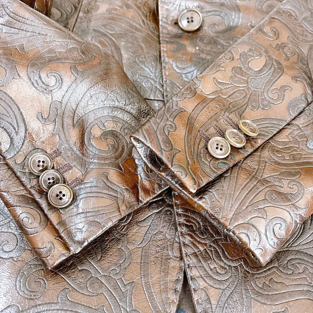 美品 ETRO 牛革 レザー テーラードジャケット ペイズリー エンボス加工
