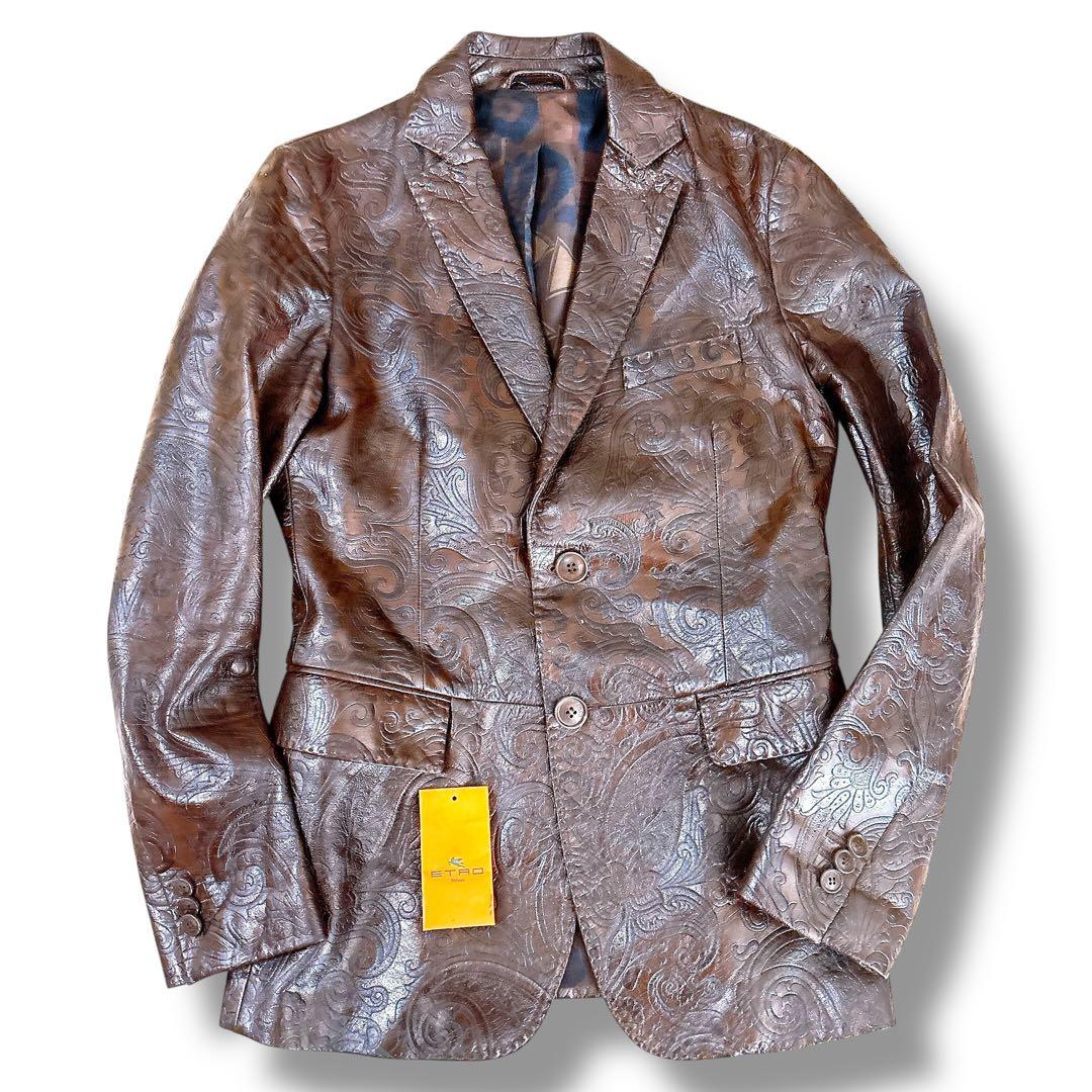 美品 ETRO 牛革 レザー テーラードジャケット ペイズリー エンボス加工