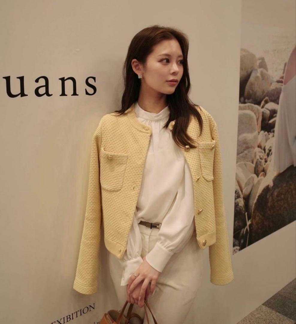anuans ノーカラーニットジャケット　イエロー　M