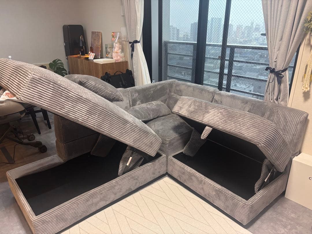 【高野真】グレー コーナーソファ 収納付き コーデュロイ