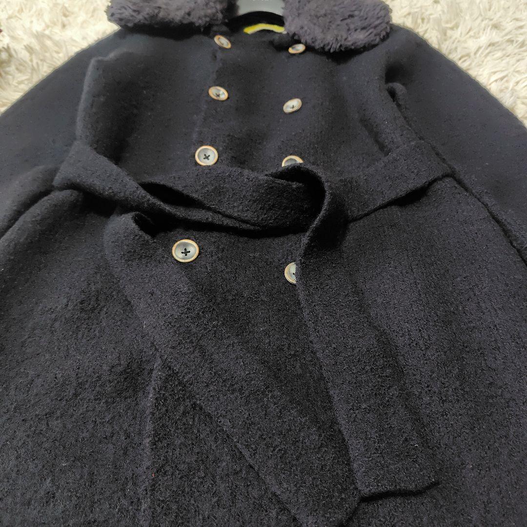 【美品♡人気縮絨ウール】45R　ベルテッドダブルボタンコート　黒　襟取り外し可
