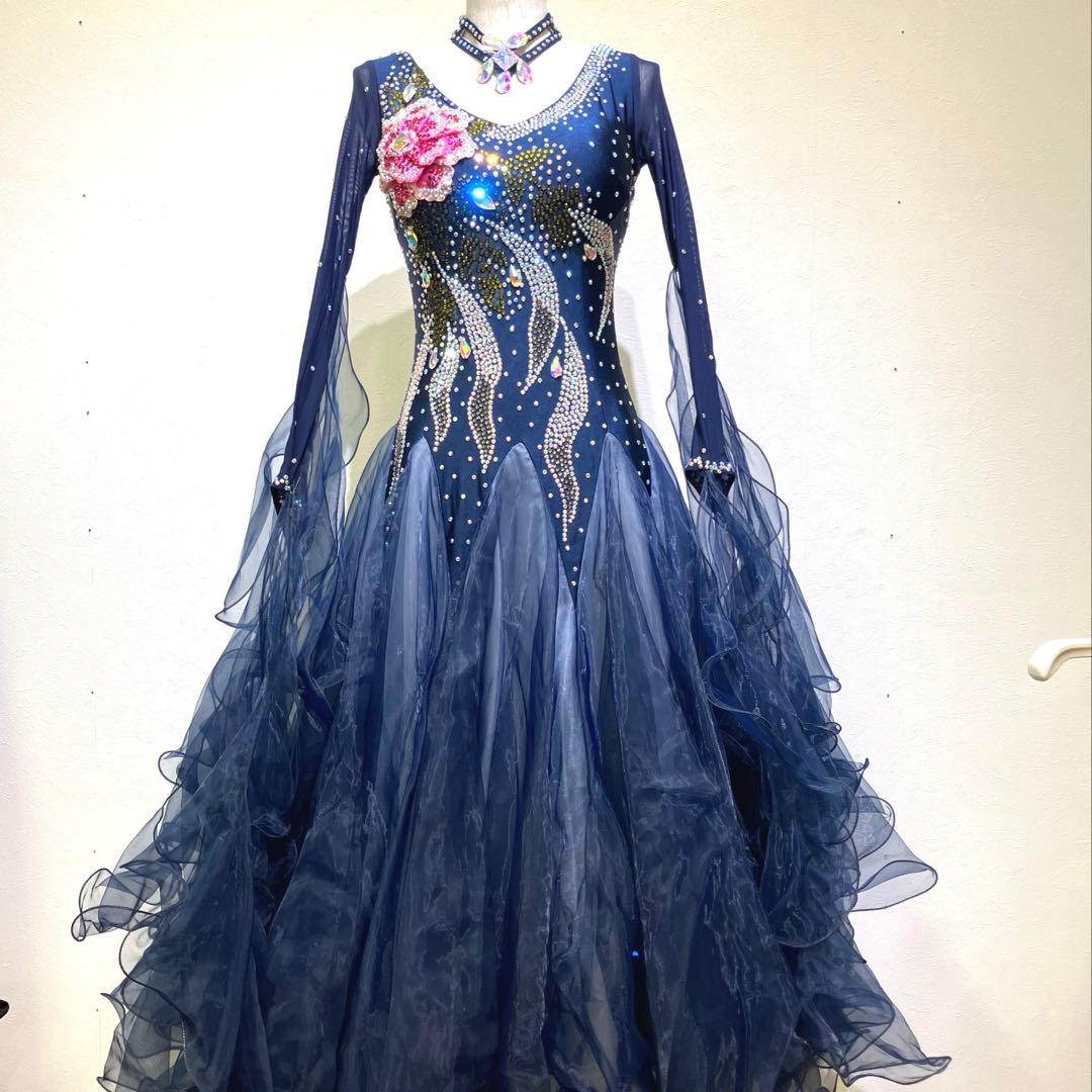 社交ダンス　スタンダードドレス　モダンドレス　　スパンコール　ネイビー　花柄