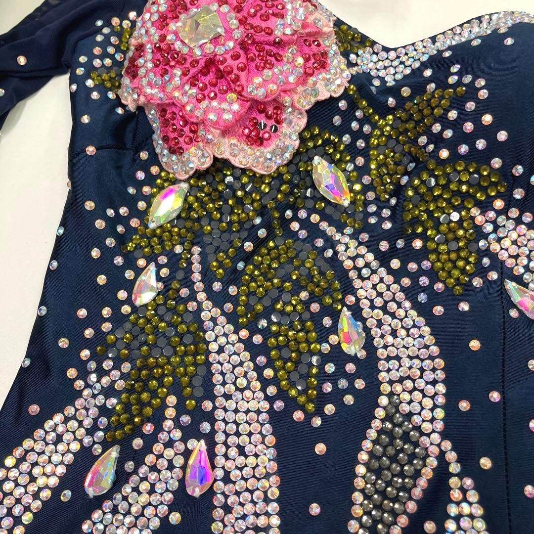 社交ダンス　スタンダードドレス　モダンドレス　　スパンコール　ネイビー　花柄