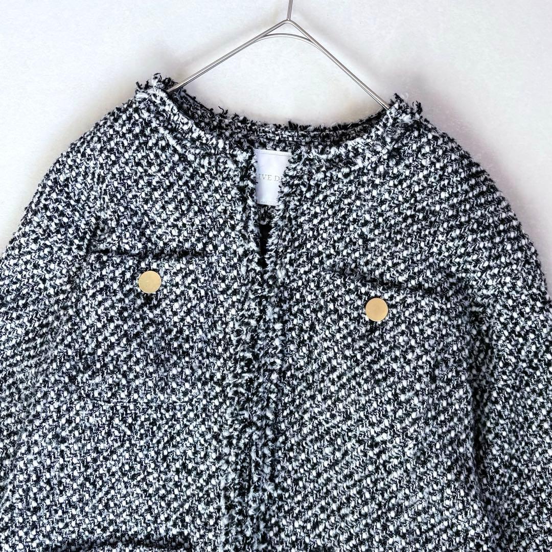 美品　リヴドロワ　ツイードフリンジジャケット　ノーカラー　金ボタン　オケージョン