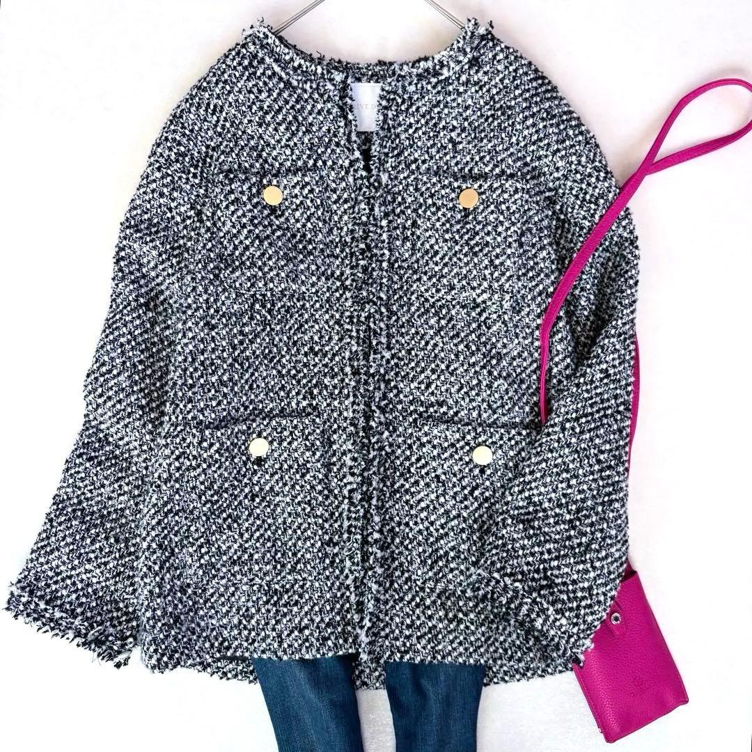 美品　リヴドロワ　ツイードフリンジジャケット　ノーカラー　金ボタン　オケージョン