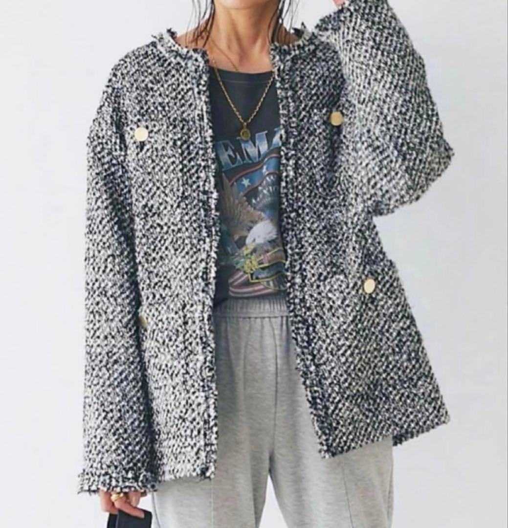 美品　リヴドロワ　ツイードフリンジジャケット　ノーカラー　金ボタン　オケージョン