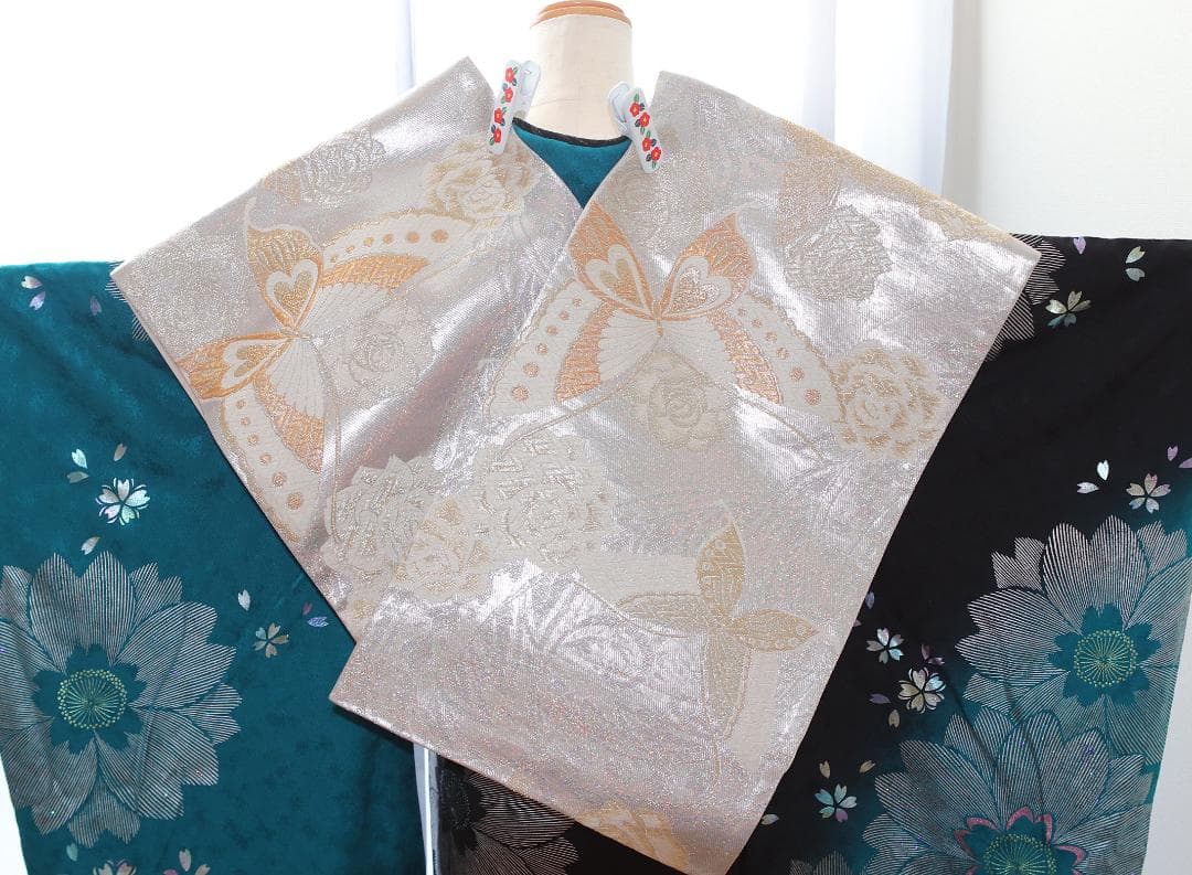 振袖フルセット ターコイズブルー×黒 粋 モダン 大輪花 成人式