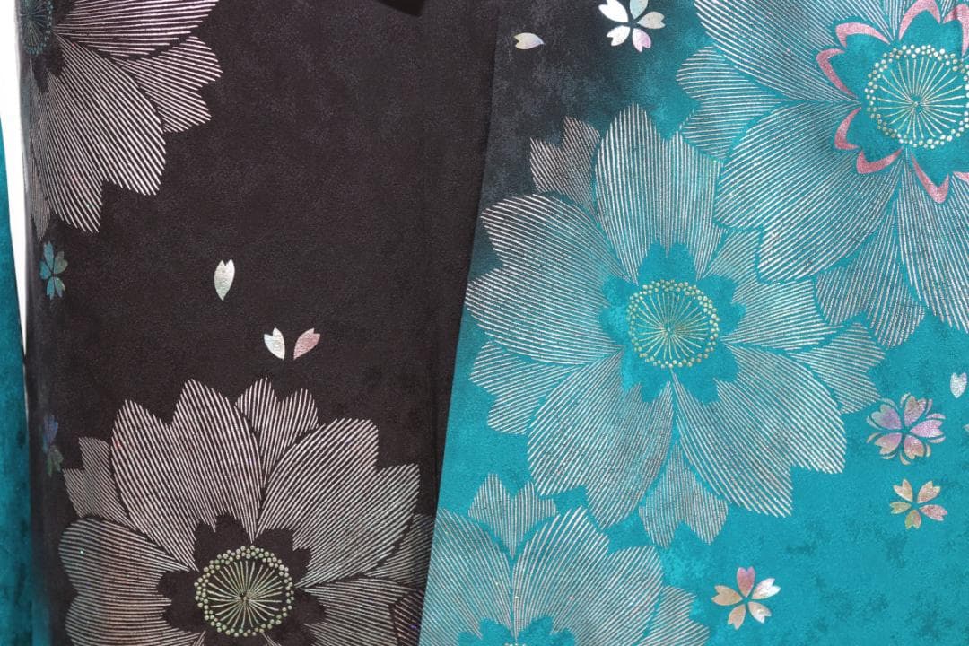 振袖フルセット ターコイズブルー×黒 粋 モダン 大輪花 成人式
