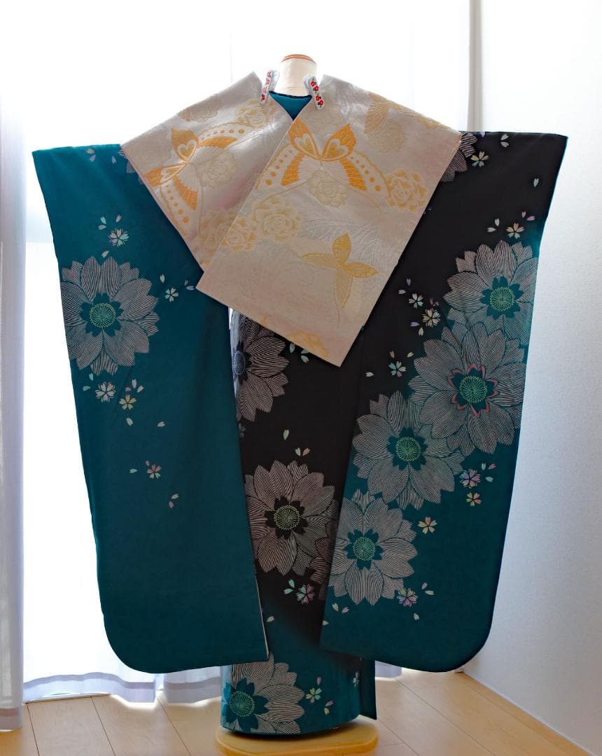 振袖フルセット ターコイズブルー×黒 粋 モダン 大輪花 成人式