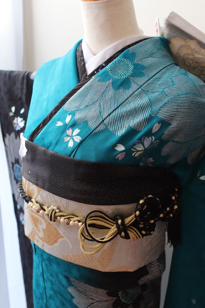 振袖フルセット ターコイズブルー×黒 粋 モダン 大輪花 成人式