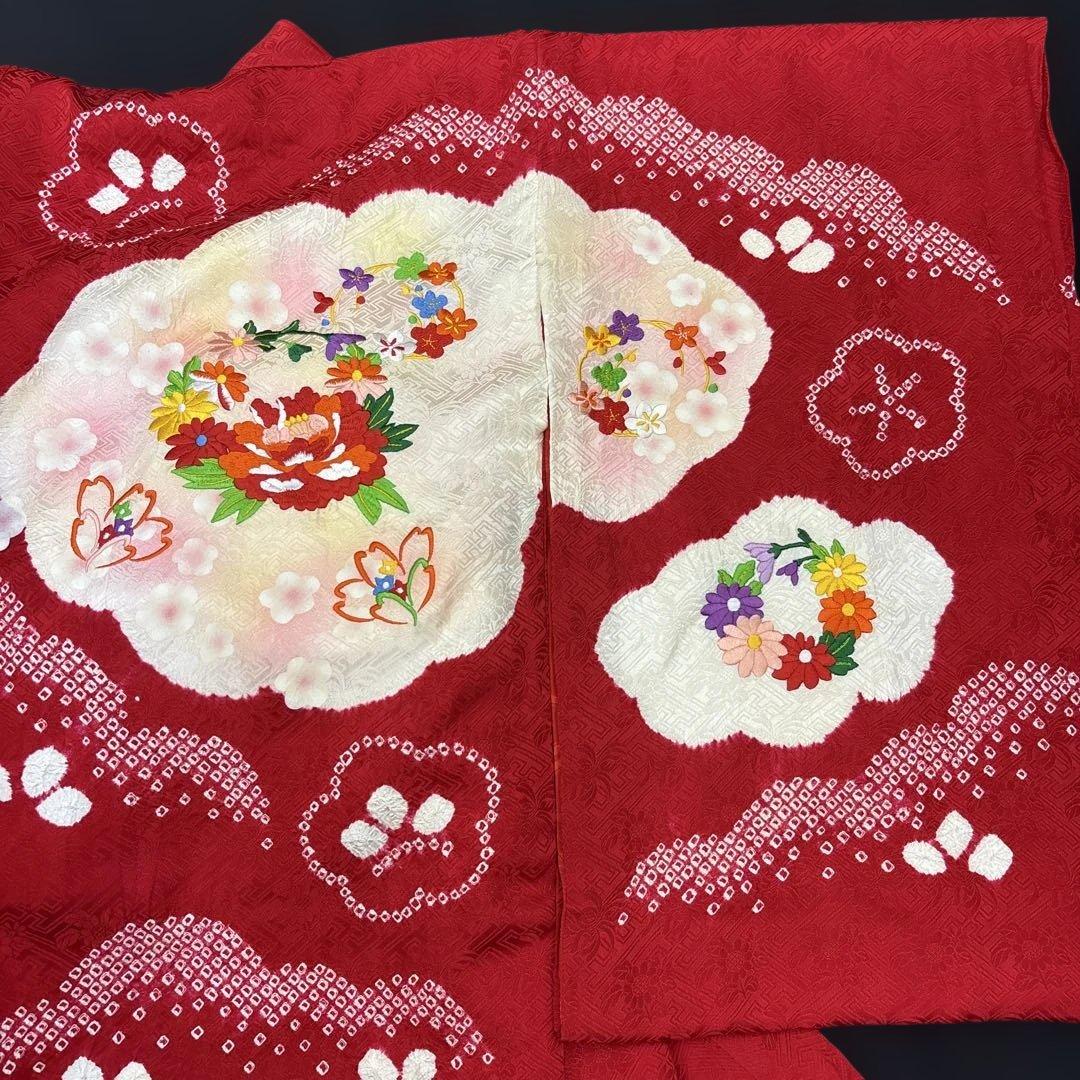 きよみん祝い箱付き絞り染、刺繍美術、桶絞り工芸　新品正絹産着純四季花刺繍文