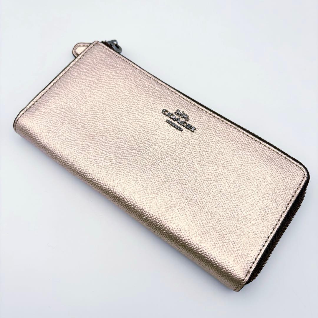 【超美品】COACH コーチ L型ファスナー長財布 メタリック ピンクゴールド