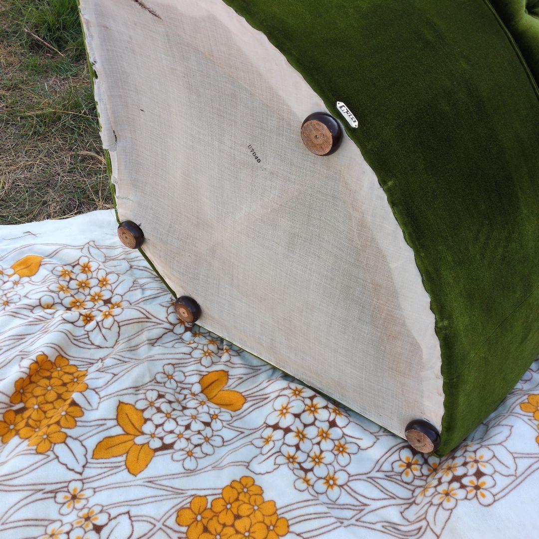 昭和レトロ オールド カリモク グリーン モケット コーナーソファ①ベルベット