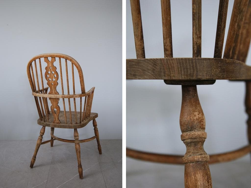 英国アンティーク木製ウインザーアームチェア/肘掛けイス/ダイニング(92-93