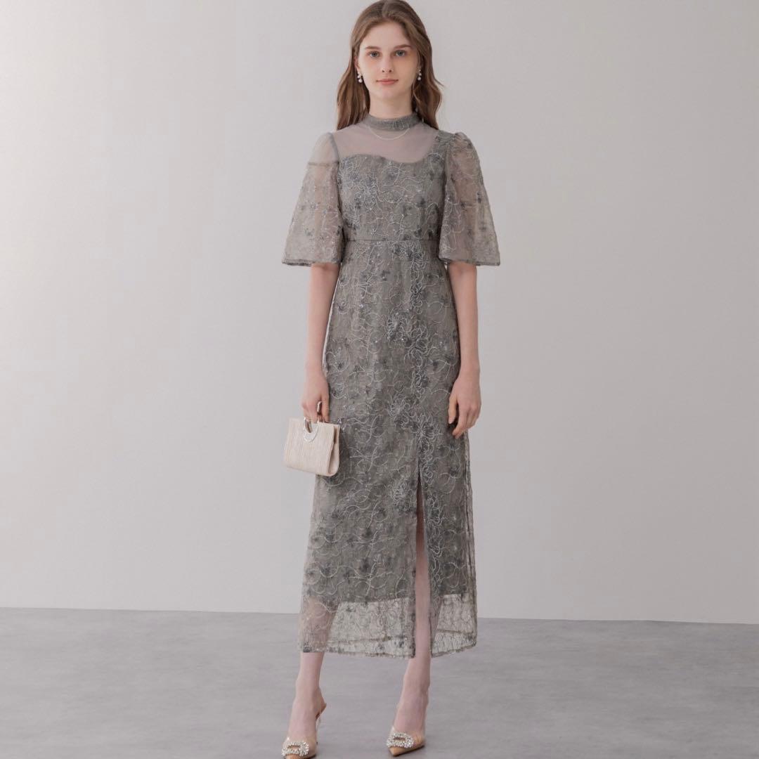 【美品】Leja 花柄刺繍スパンコールベロアスリットIラインドレス 結婚式