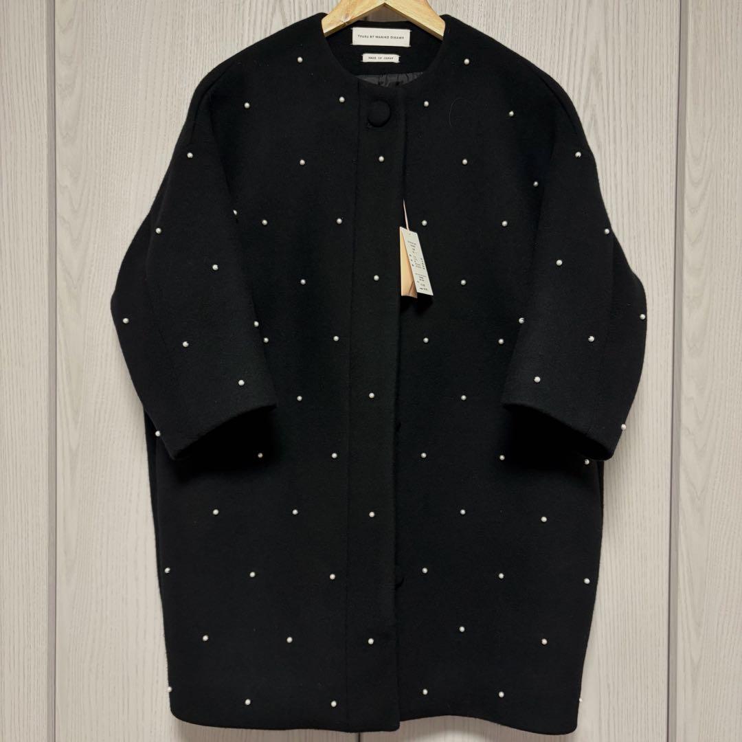 TSURU パールコート　マリコバイオイカワ　ノーカラー　ウールコート　黒コート