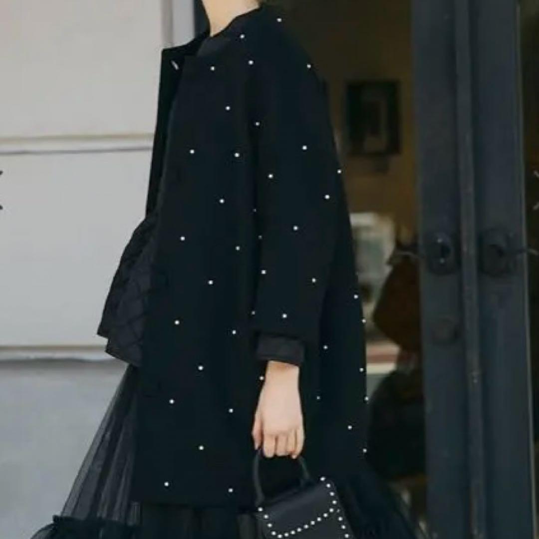 TSURU パールコート　マリコバイオイカワ　ノーカラー　ウールコート　黒コート