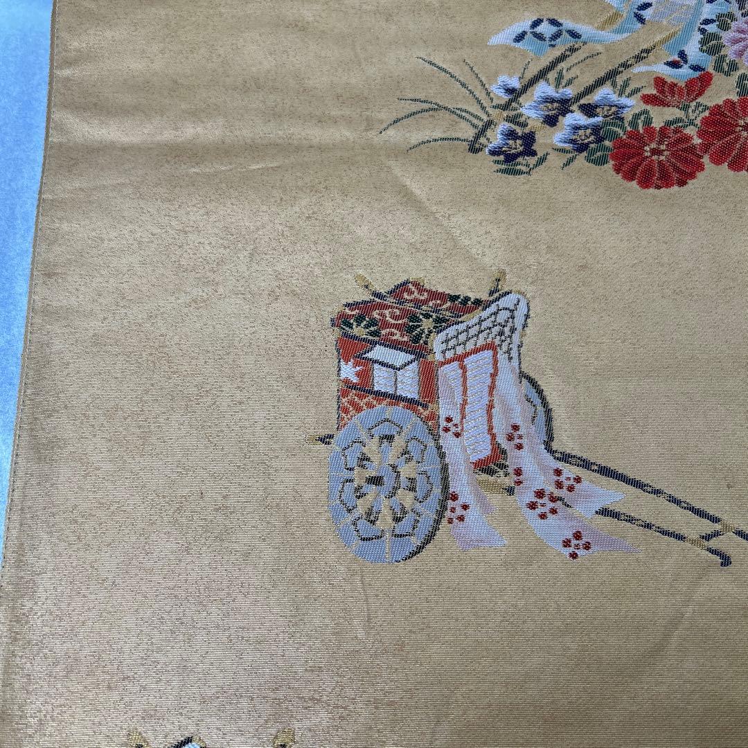 【本金箔 高級手織】金色 花車刺繍 正絹六通柄袋帯1224