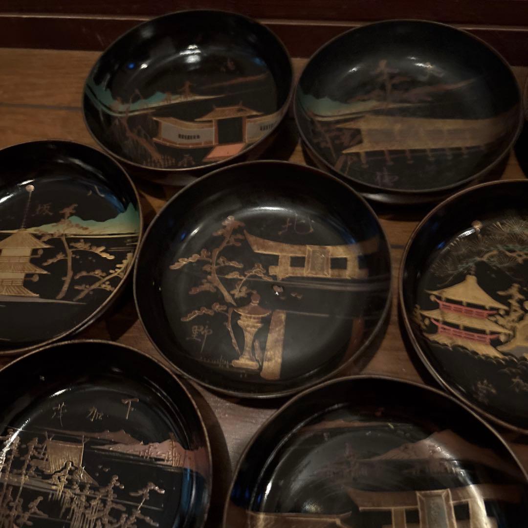 京都名所20選漆器皿二十枚セットアンティーク雅な雰囲気金蒔絵　インテリア実用使い