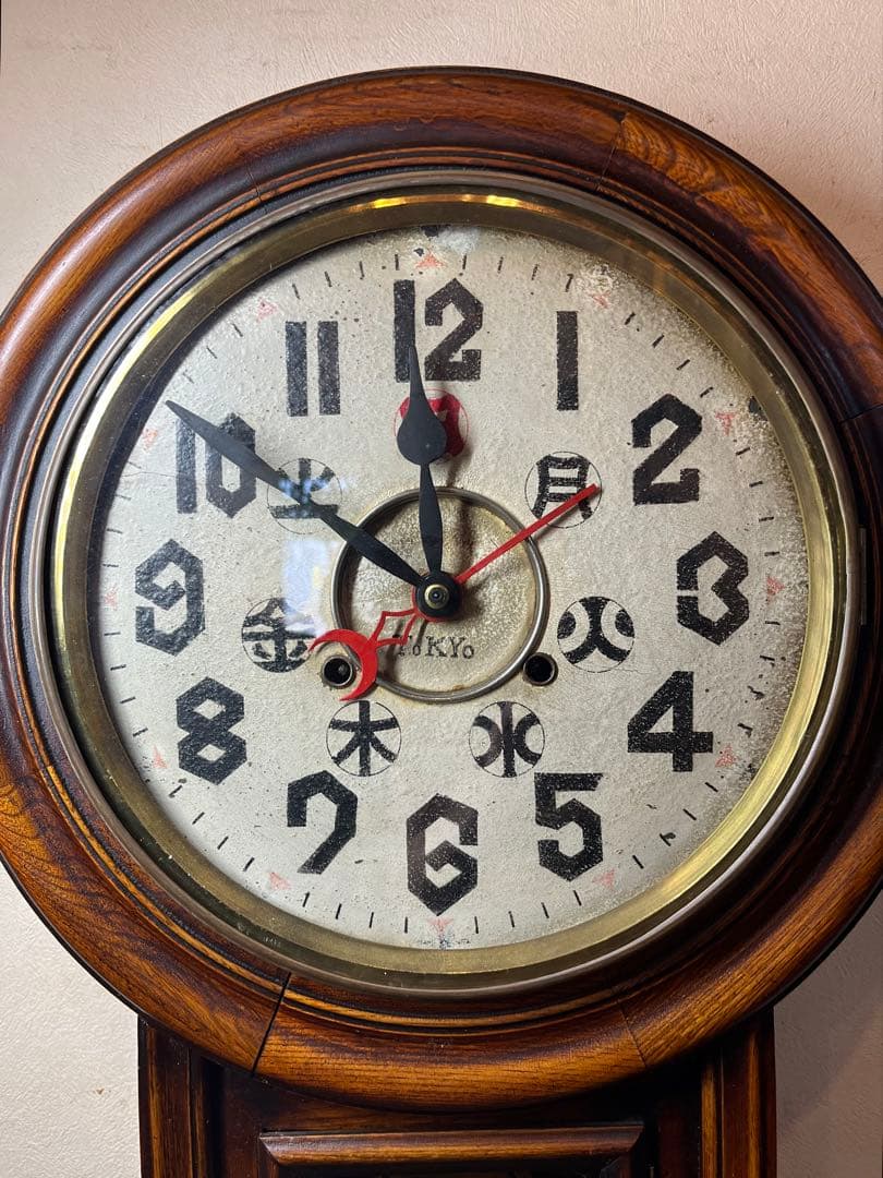 七曜日カレンダー付　柱時計　古時計　振り子　レトロ　ゼンマイ　精工舎　ゼンマイ