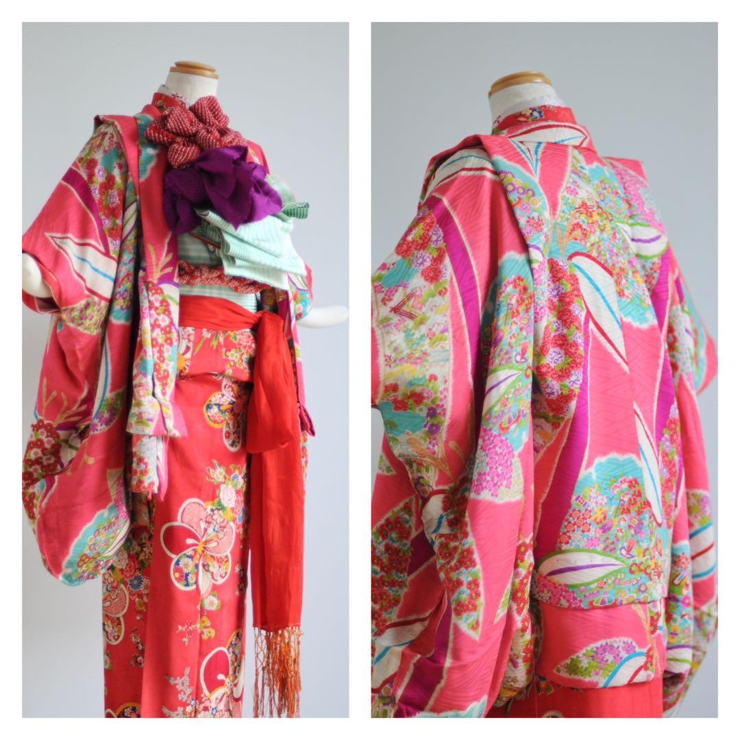 七五三 女の子 3歳 5歳 7歳 アンティーク 着物 羽織 正絹 ピンク