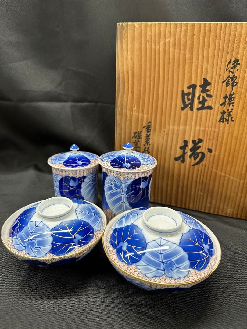 【美品】香蘭社　染錦模様　磁芸工房　睦揃　夫婦　茶碗　湯呑　飯碗