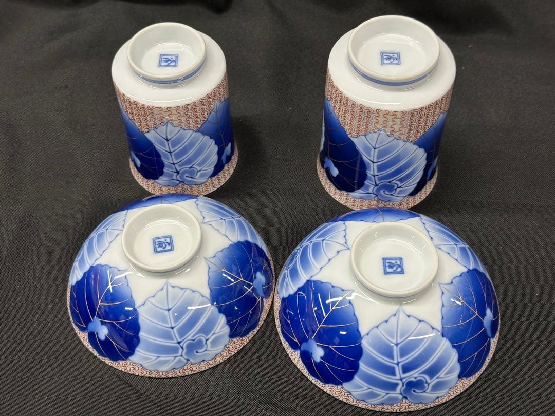 【美品】香蘭社　染錦模様　磁芸工房　睦揃　夫婦　茶碗　湯呑　飯碗