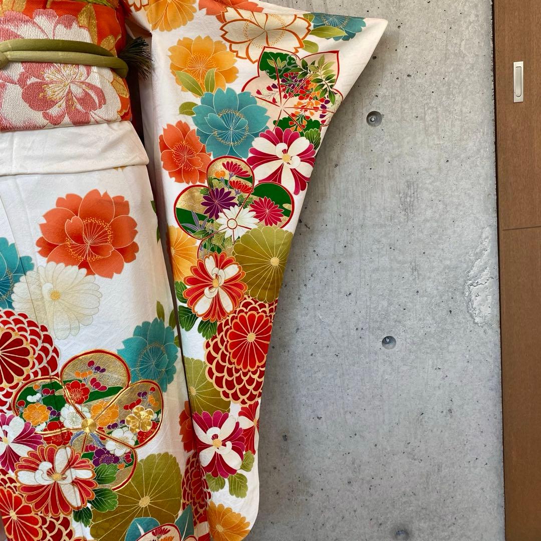 【着物+帯】正絹　振袖　白系　金駒　ガード　袷