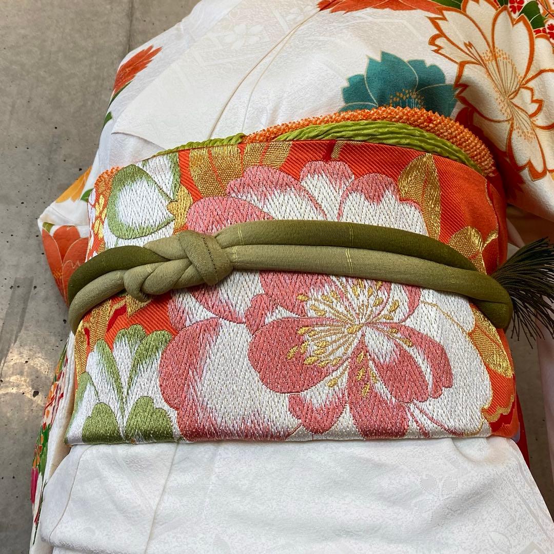 【着物+帯】正絹　振袖　白系　金駒　ガード　袷