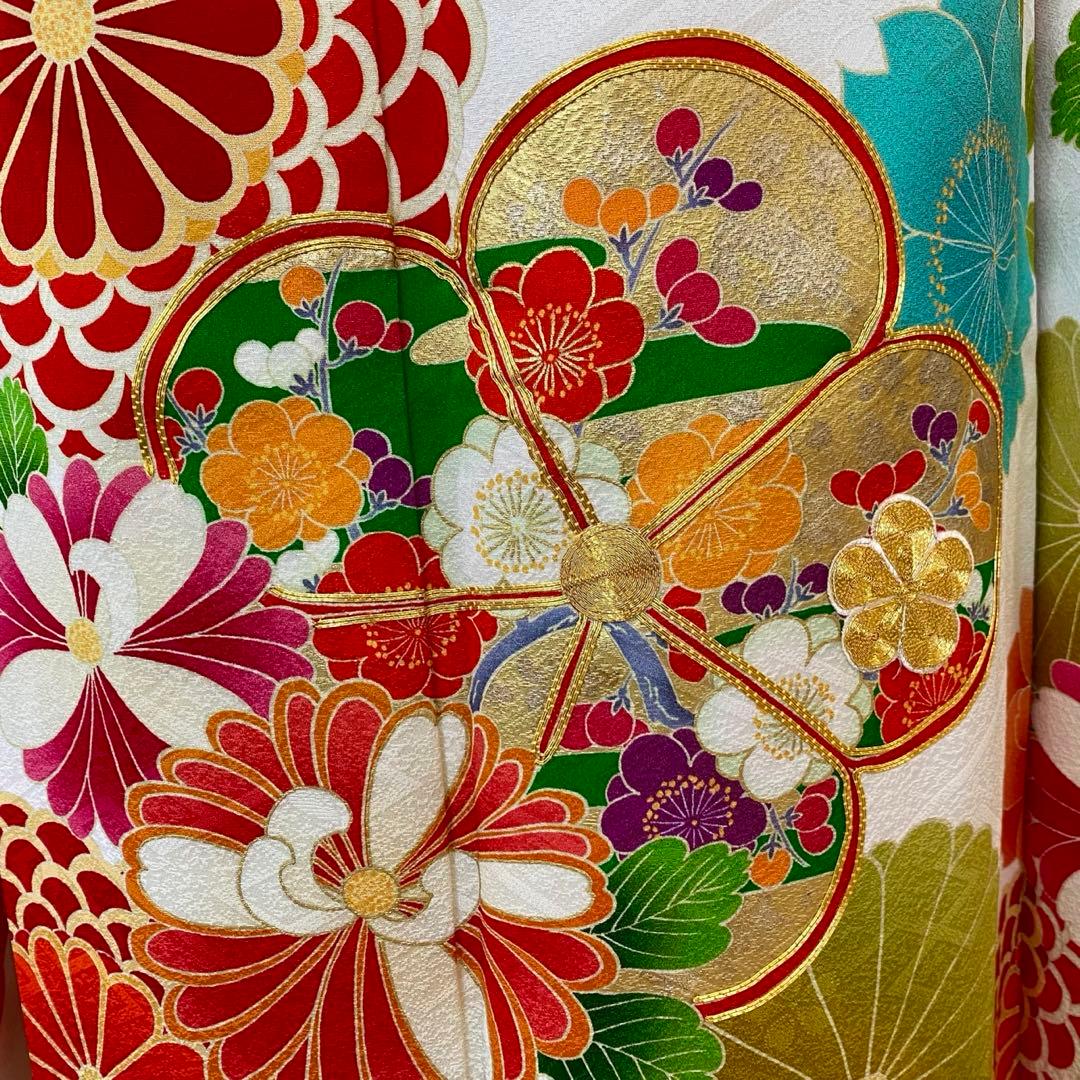 【着物+帯】正絹　振袖　白系　金駒　ガード　袷