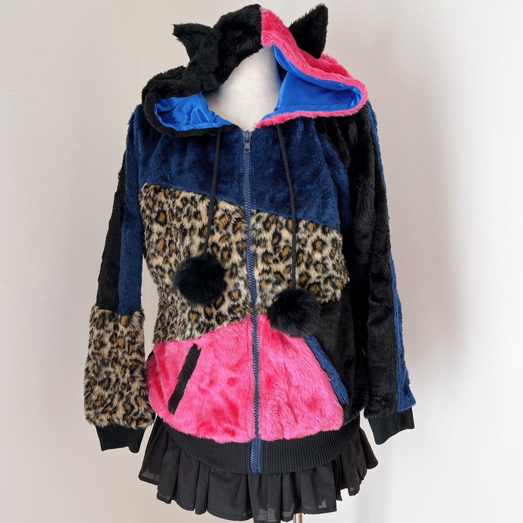00s 猫耳 豹柄 ファー ポンポン パッチワーク パーカー y2k平成 ギャル