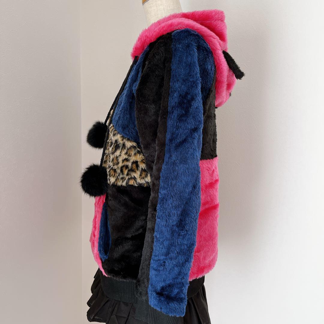 00s 猫耳 豹柄 ファー ポンポン パッチワーク パーカー y2k平成 ギャル