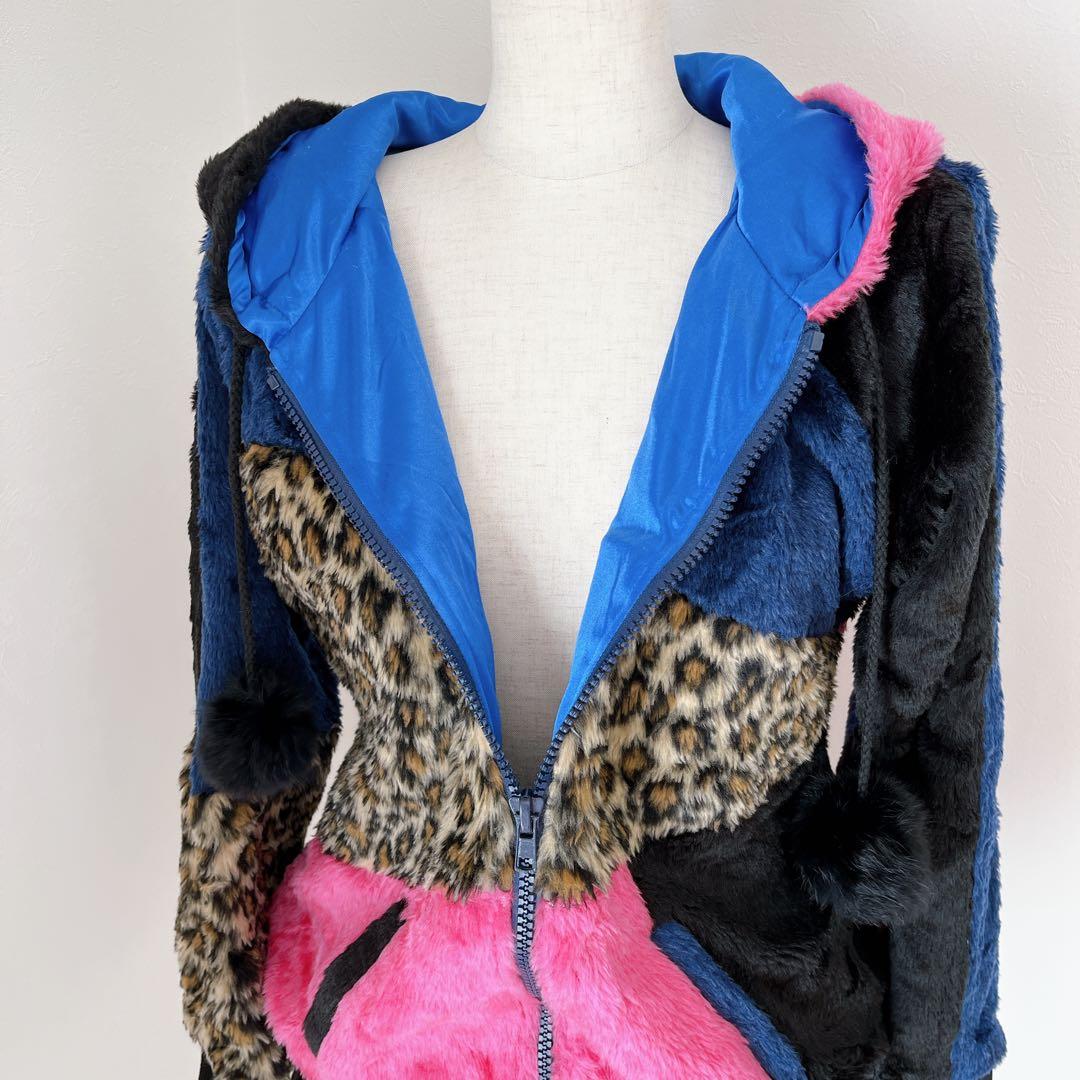 00s 猫耳 豹柄 ファー ポンポン パッチワーク パーカー y2k平成 ギャル