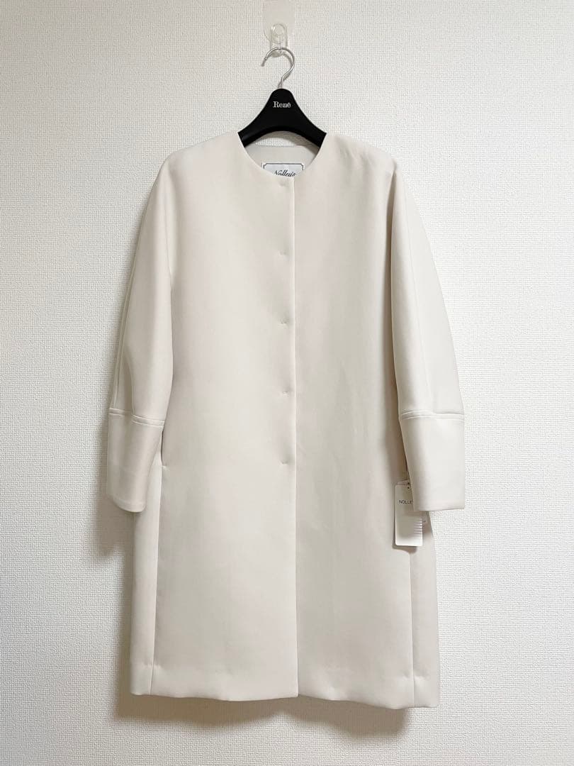 【新品】ノーリーズ 軽量 トリプルクロス サテン切替 ノーカラーコート 着映え白
