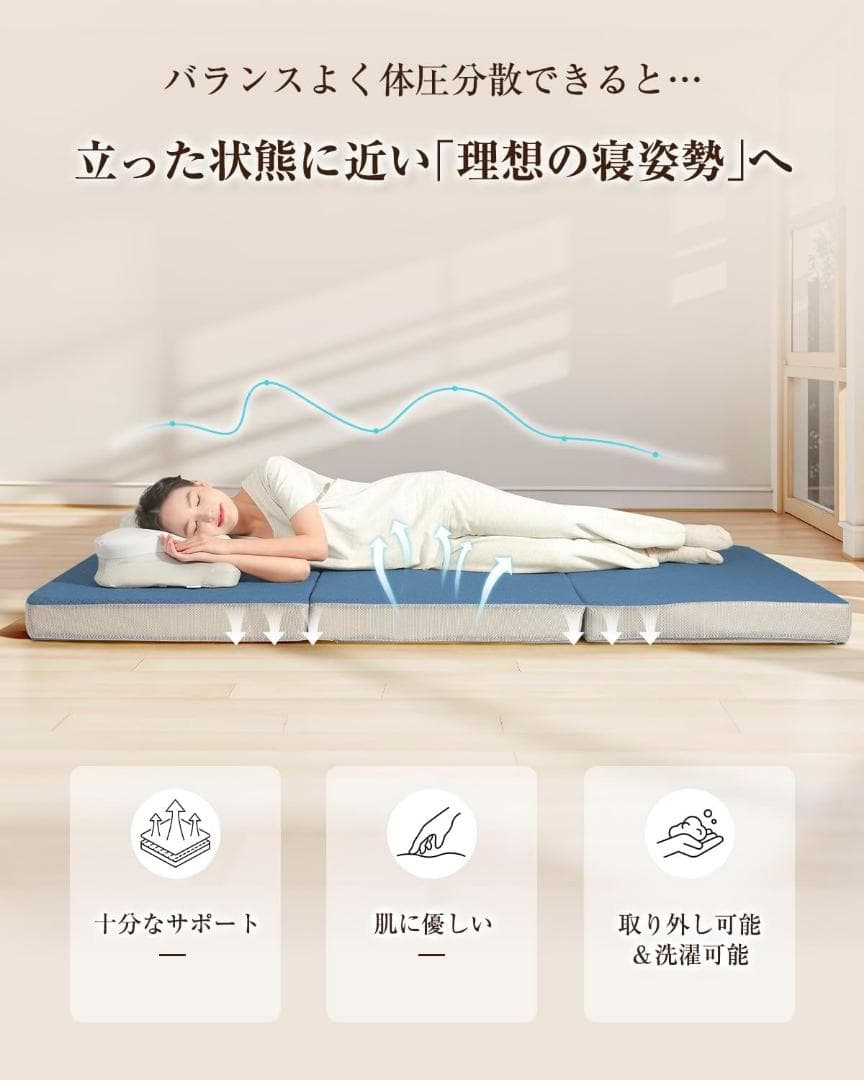 新品 三つ折りマットレス セミダブル 厚み10cm やや硬め190N ブルー