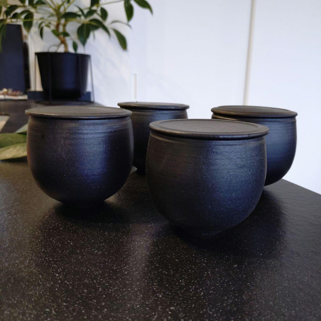 小野俊さん 蓋物 丸型 S 黒鉄釉 4個セット