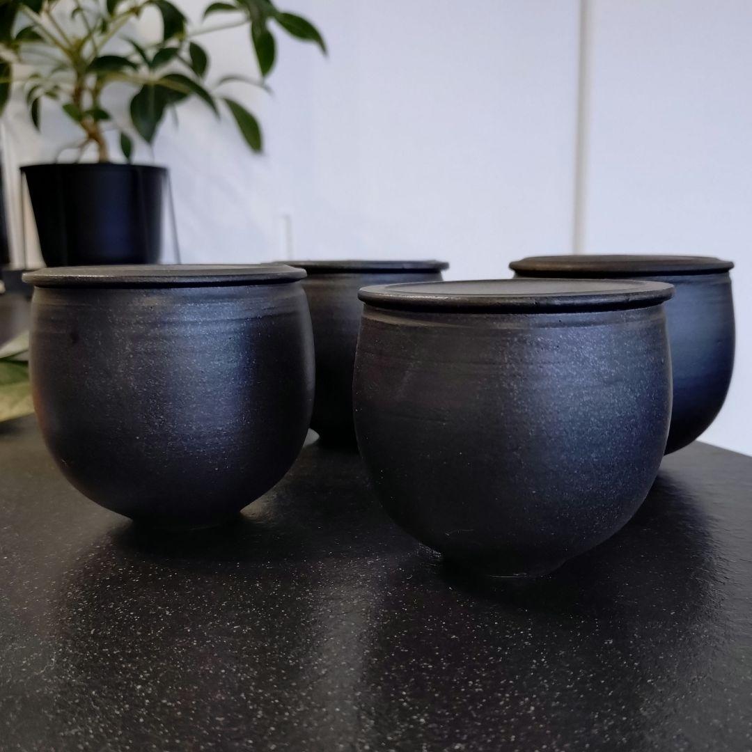 小野俊さん 蓋物 丸型 S 黒鉄釉 4個セット