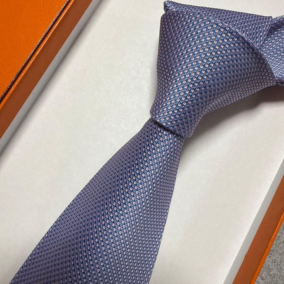 美品　エルメス　ネクタイ　青・ピンク　シルクジャガード　結婚式