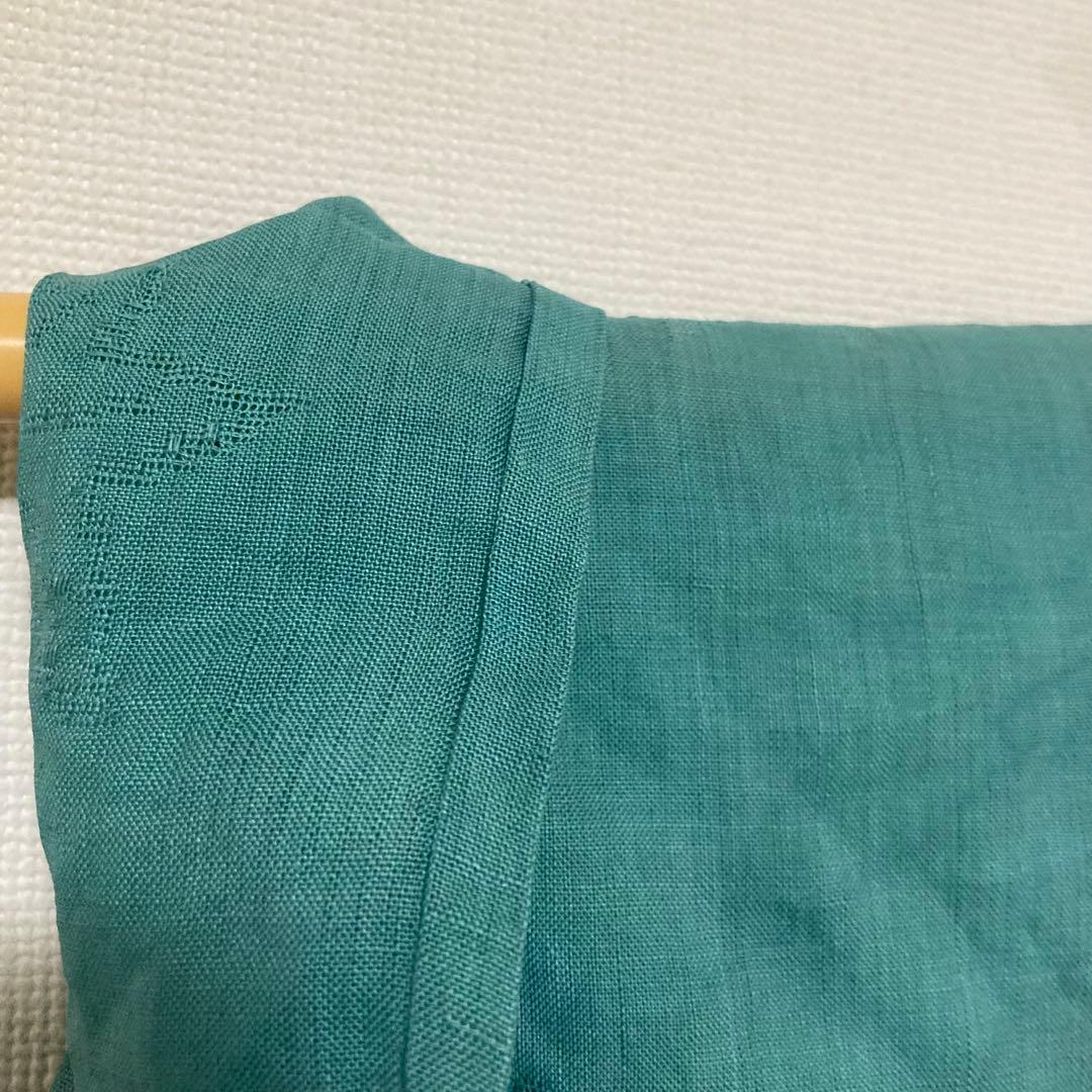 本麻　洗える長襦袢　カラー襦袢　エメラルドグリーン　楓模様　リサイクル　管理tn