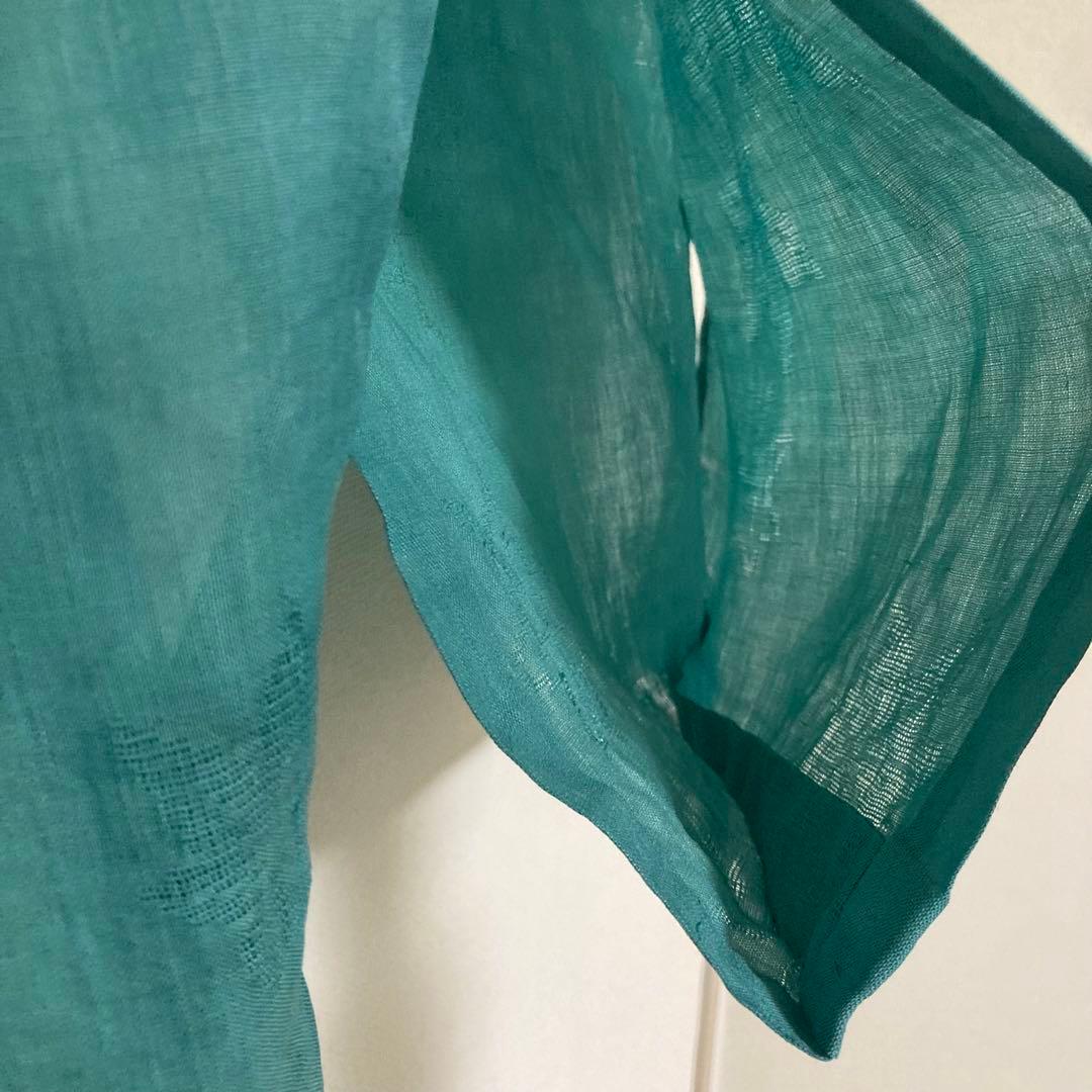 本麻　洗える長襦袢　カラー襦袢　エメラルドグリーン　楓模様　リサイクル　管理tn