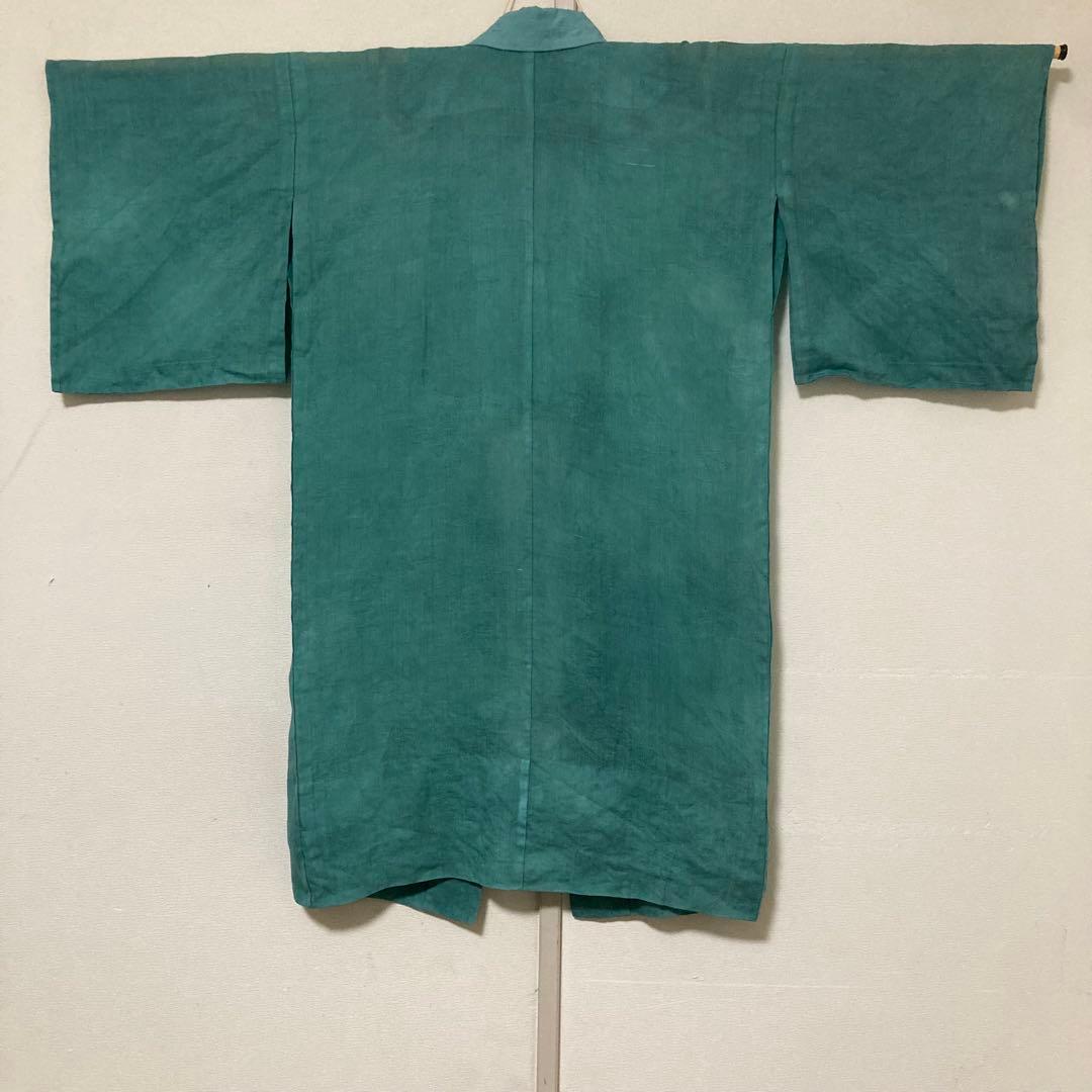 本麻　洗える長襦袢　カラー襦袢　エメラルドグリーン　楓模様　リサイクル　管理tn
